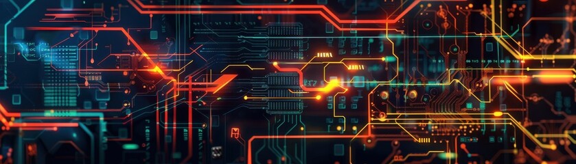 Obraz premium Futuristic digital circuit board with vibrant neon colors representing technology and innovation. Ideal for tech-related projects and backgrounds.