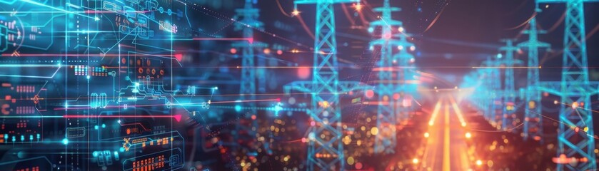 Fototapeta premium Futuristic digital cityscape with glowing network lines connecting power grids and infrastructure, representing smart city technology.