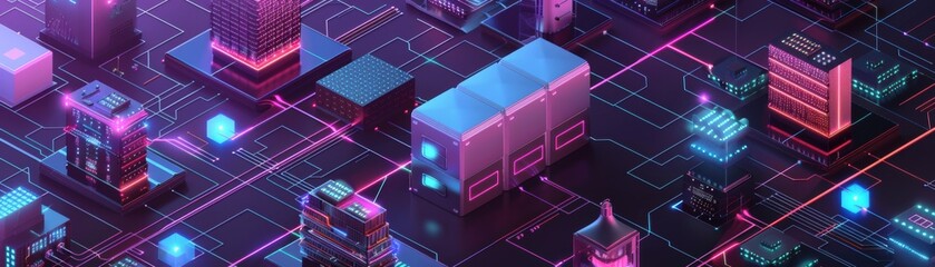 Fototapeta premium Futuristic digital cityscape with illuminated circuit boards and neon lights representing advanced technology and innovation.