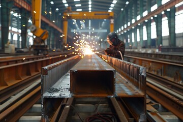 Worker welds steel in factory with abundant steel