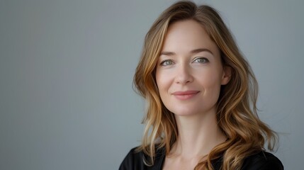 Naklejka premium Serene and Confident European Woman Smiling in Studio Portrait