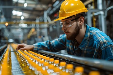 Construction worker in hard hat and safety glasses repairing conveyor belt