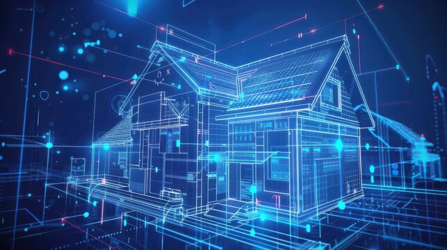 Futuristic digital house blueprint illustration showcasing advanced architectural design and technology concepts in a blue-themed virtual environment.