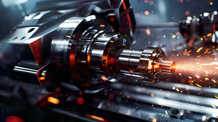 Hyper-realistic view of a CNC lathe milling machine cutting metal intricate details of the cutting process  modern