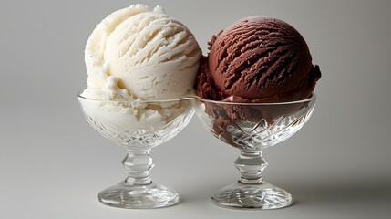 A glass bowl filled with two scoops of ice cream, one white and the other chocolate on solid background.