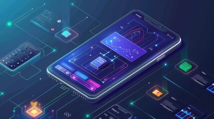 Futuristic digital interface on a smartphone with data analysis and technology icons, representing advanced mobile applications and connectivity.