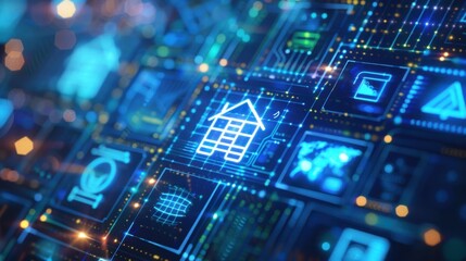Futuristic digital interface showcasing real estate technology and smart home systems with glowing blue graphics and data connections.