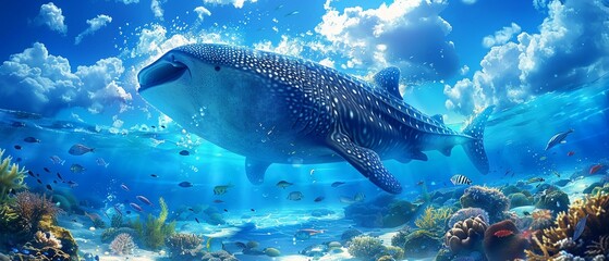 Naklejka premium Whale shark form filled with tropical beach and underwater imagery, blending marine life and coastal views, detailed, bright blues, artistic and realistic 8K , high-resolution, ultra HD,up32K HD