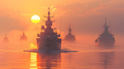 Obraz premium Naval fleet at sunrise, ready for a mission at sea.
