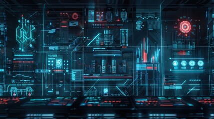 Futuristic digital interface with glowing neon lights, holographic data displays, and technological elements in blue and red hues.