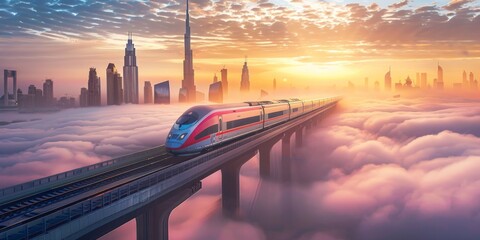 high-speed train on bridge above the clouds, Dubai skyline in the background at sunrise, ultra-realistic photography in the style of unknown artist
