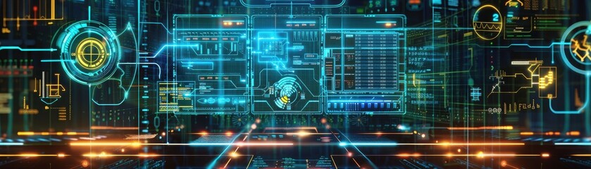 Futuristic digital interface with neon elements and holographic displays, showcasing advanced technology and data visualization.