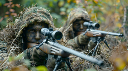 Sniper team in camouflage aiming from a concealed position.


