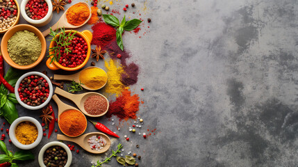 Spices. Various Indian Spices have a colorful. Spice and herbs backdrop. Assortment of Seasonings, and condiments. Cooking ingredients, flavor