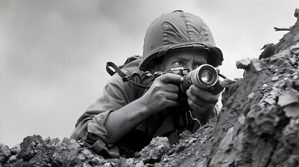 War correspondent documenting frontline action with a camera.


