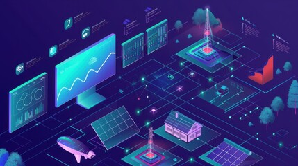 Futuristic digital network with holographic interfaces, data charts, and interconnected tech devices in a virtual environment.