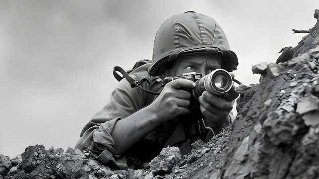 War correspondent documenting frontline action with a camera.



