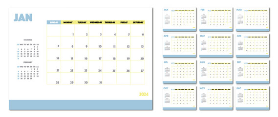 Flat illustration. Calendar for 2024 on a light background. Ideal for the design of your workplace..