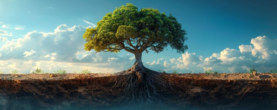 Futurist of Tree: A tree with visible roots extending deep into the soil,on solid background