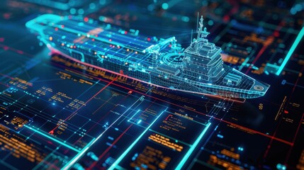 Futuristic digital visualization of a battleship surrounded by holographic data panels, depicting advanced technology and maritime innovation.