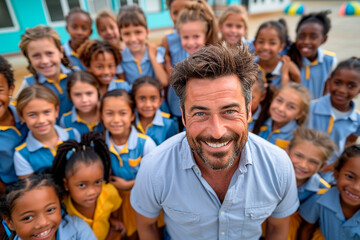 A man is smiling at a group of children