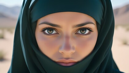 Naklejka premium Arabic afghan arabian woman in traditional black hijab headwear close up portrait