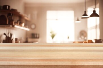 Empty wood table top and blur kitchen interior
