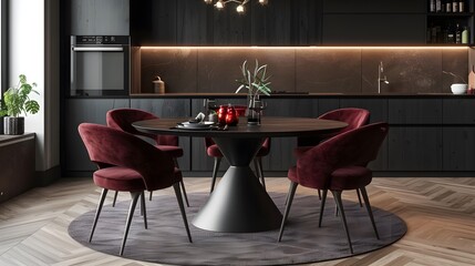 Round dining table with dark wood top and velvet burgundy chairs, sleek black base, centered in the room near the kitchen cabinets, minimalist design style, warm lighting atmosphere.