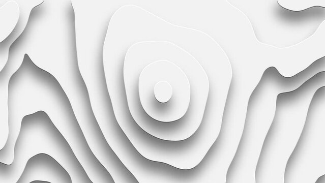 Geometric white background. Looping abstract layered shape. Graceful light wavy pattern. Minimalist clean. Digital typographic terrain. White landscape. Technological map 3D model, White wall. Art