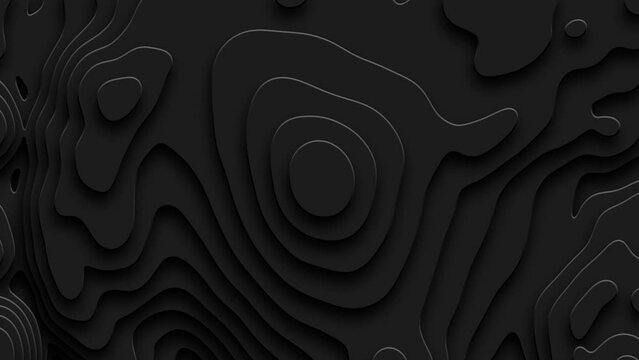 Abstract geometric black background. Looped dark 3D landscape. Modern flat stylish building landscape. Graphic typographic terrain. Stylized map of the mountains of the earth. Wavy multi-layered earth