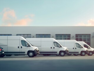 Delivery vans are parked in rows. Commercial Shipping service company, delivery of vans in a row