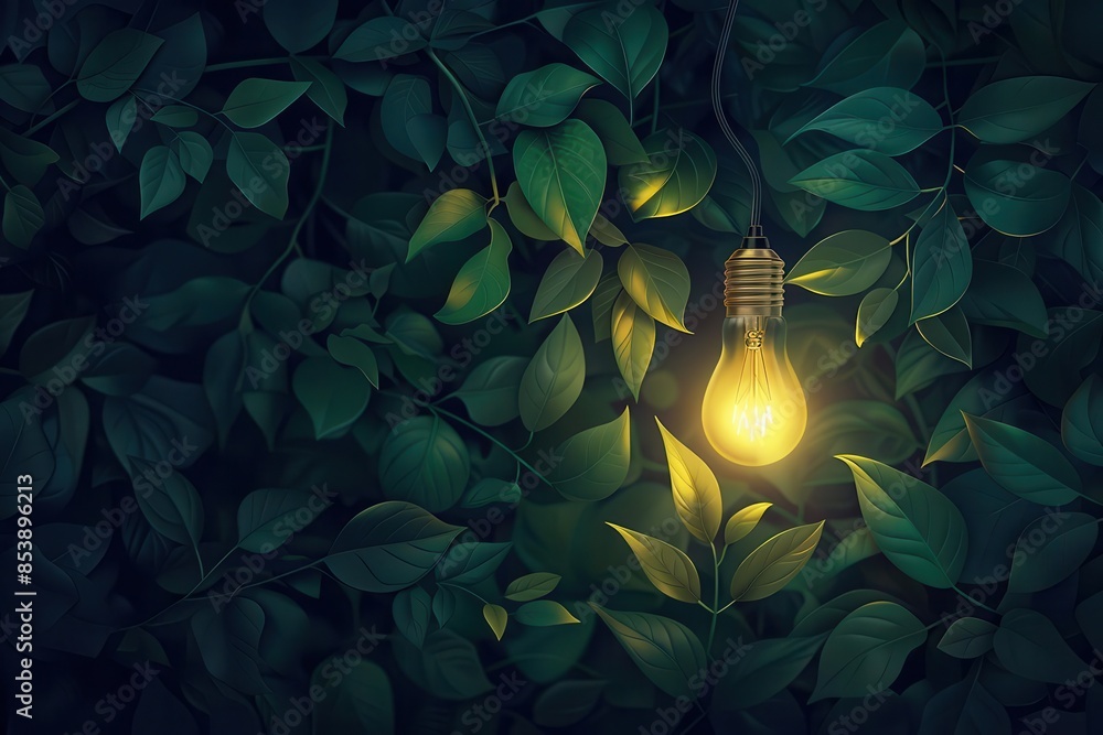 Wall mural glowing light bulb sprouting from dark green foliage innovative nature concept illustration