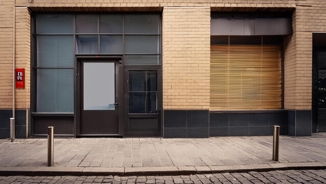grey boutique facade mockup template, freestone building