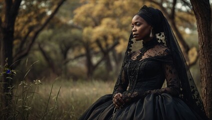 Naklejka premium Victorian widow, African American woman in black dress