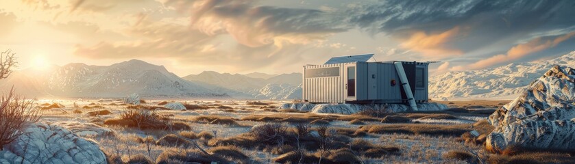 Fototapeta premium Futuristic outpost set in a desolate, rocky landscape with dramatic sunrise. Concept art showcasing alien environment and fantasy scene.