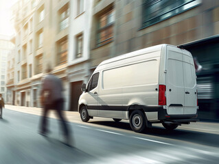 Delivery van on city street. Commercial Shipping service company, delivery of van