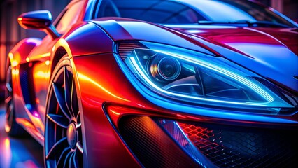 Close-up of luxury sports car with red and blue lighting, perfect for iPhone wallpaper