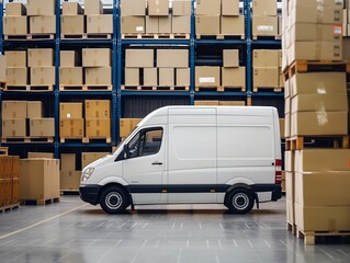 Delivery van are parked in large distribution warehouse. Commercial Shipping service company