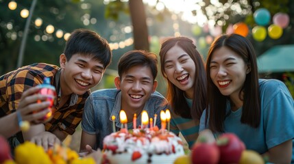 Group of young asian friends having fun and celebrating Birthday party outdoors, friendship, happiness
