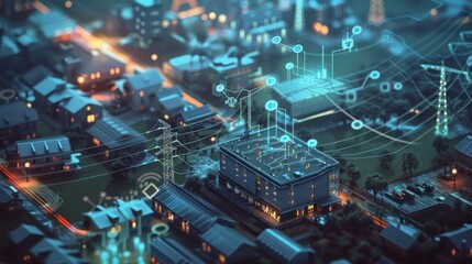 Obraz premium Futuristic smart city with digital networks, technology-driven innovation, and interconnected infrastructure at night.