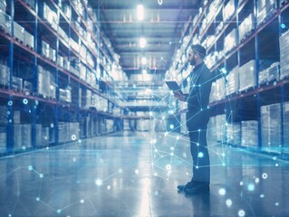 Futuristic Concept background. Data Center Chief Technology Officer Using Laptop, Standing In Warehouse