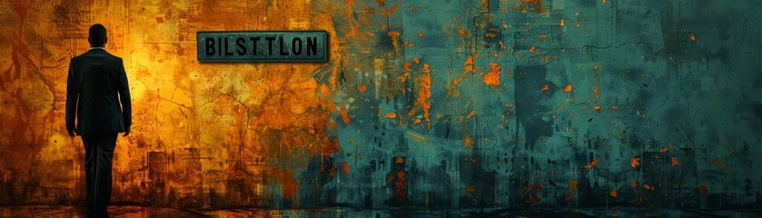 Silhouetted man walks towards a bright, abstract wall.