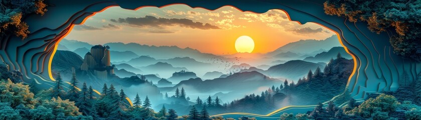 Sunrise over a misty, forested valley, seen through an archway of trees.