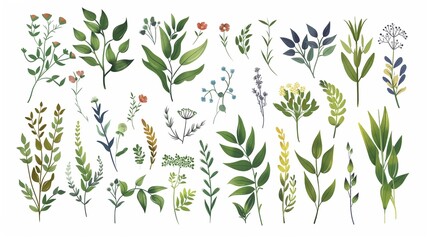set of botanic blossom floral elements. Branches, leaves, herbs, wild plants and flowers.