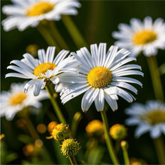Naklejka premium Daisies in a Summer Meadow, Vibrant and Blooming, Against a Sunny Field