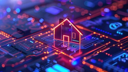 Obraz premium Futuristic smart home concept with digital house icon glowing on a circuit board background, representing technology integration.