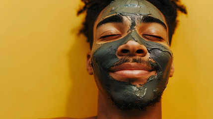 Mixed race man wearing a mud clay face mask, male skincare pampering regimen, against a yellow background with copy space.