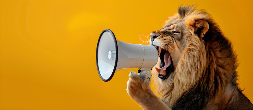Lion roaring through a white megaphone on a yellow background, conveying a bold and intense atmosphere, suitable for advertising, marketing materials, and promotions. Copy space included.