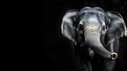 Portrait of a happy smiling elephant isolated against a black background with copy space, suitable for nature and wildlife themes, conservation, and travel designs.