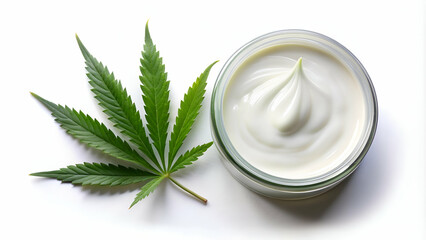 Container of hemp cream on white background with marijuana leaf